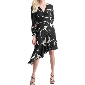 Donna Karan DKNY Surplice Long Balloon Sleeve Asymmetrical Hem Abstract Dress 10